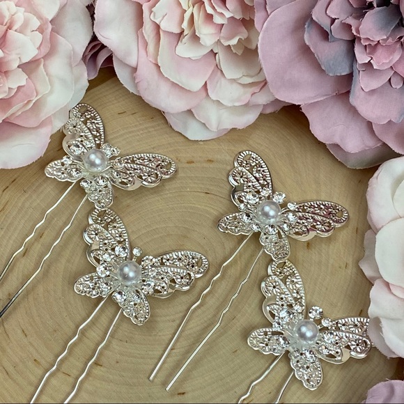 4 Pcs Crystal Butterfly Bridal Hair Pin Set - Picture 9 of 15
